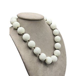 White Glass Beads Necklace Oversized Beads Unusual Signed Sterling Silver Clasp